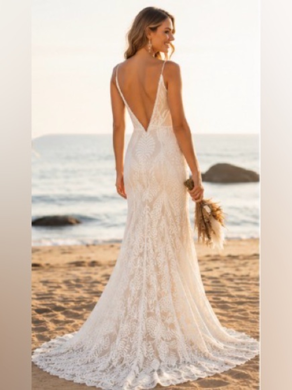 Boho Lace Wedding Dress Ivory Beach Bridal Gown Plunge V Backless Train, Size 8 - Picture 2 of 9